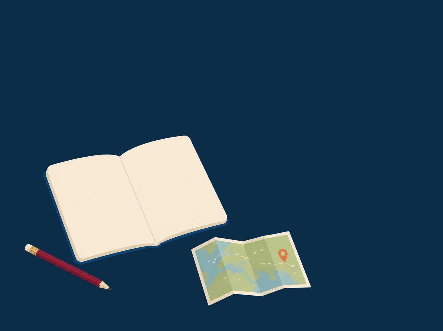 Notizbuch, Stift und eine Landkarte